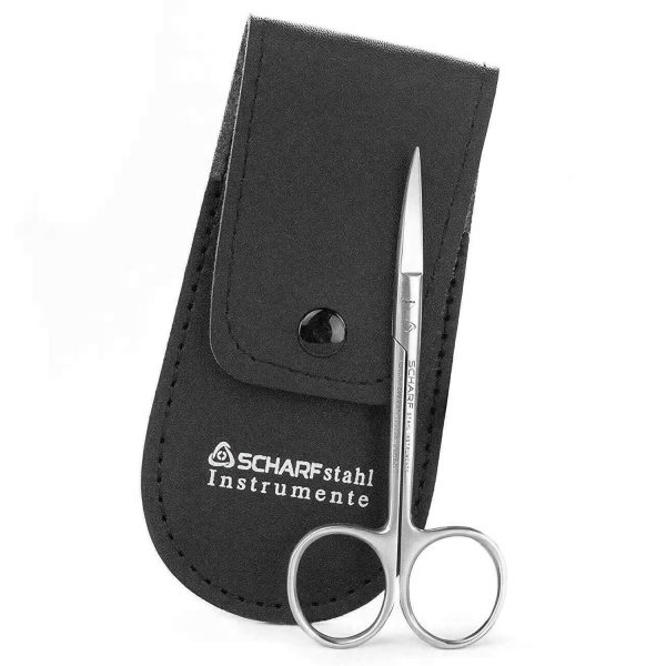 SCHARF STAHL® extra feine Profi Nagelschere mit hochwertiger Mikroverzahnung in gebogener Schneide - auch für Linkshänder - für Fuß- und Fingernägel - als Hautschere geeignet - Mit Etui