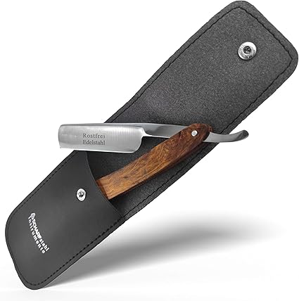 SCHARF STAHL® Rasiermesser mit Holzgriff im handgefertigten Lederetui mit fester Klinge - aus rostfreiem Edelstahl - für eine präzise Nassrasur in Premium-Qualität - für Herren/Männer